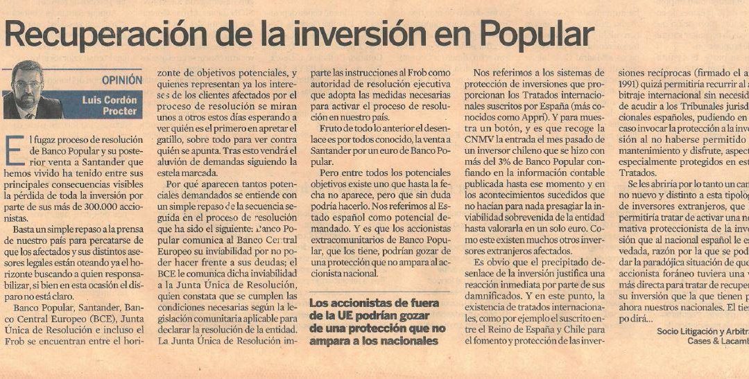 Luis Cordón, partner at Cases&Lacambra, publishes an article in Expansión